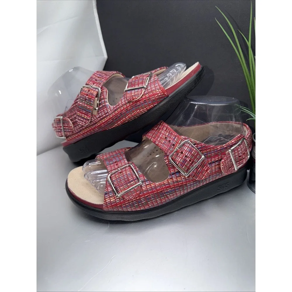 SAS Relaxed Rainbow Sandals Womens 7 Red Leather Open Toe Casual Slingback Strap